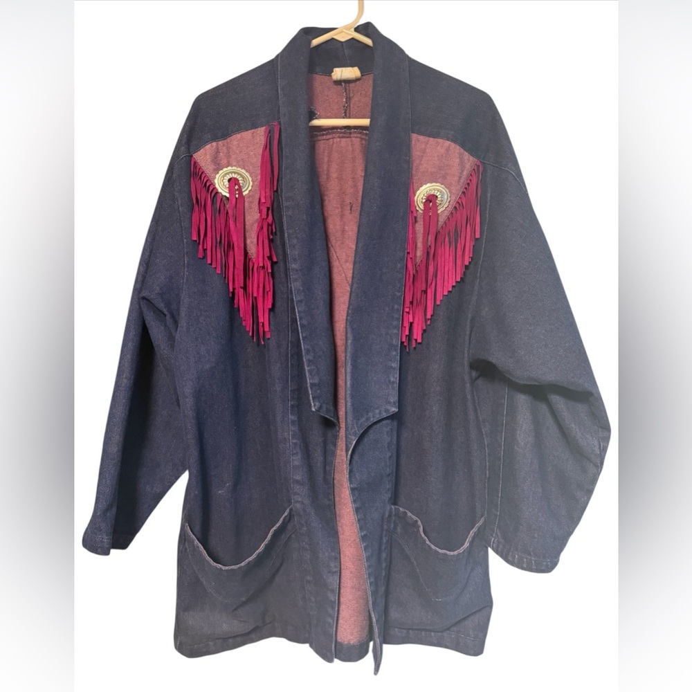 Rough Rider Vintage Western Open Front Pink Fringe Denim Jacket sz2XL Pockets